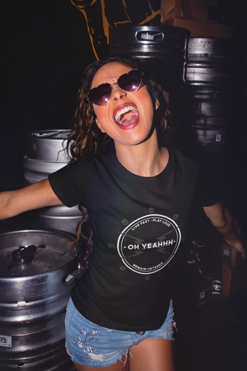 T-shirt femme rock oh yeahhh, skulls, tshirt rock, metal horns, heavy metal, black, noir