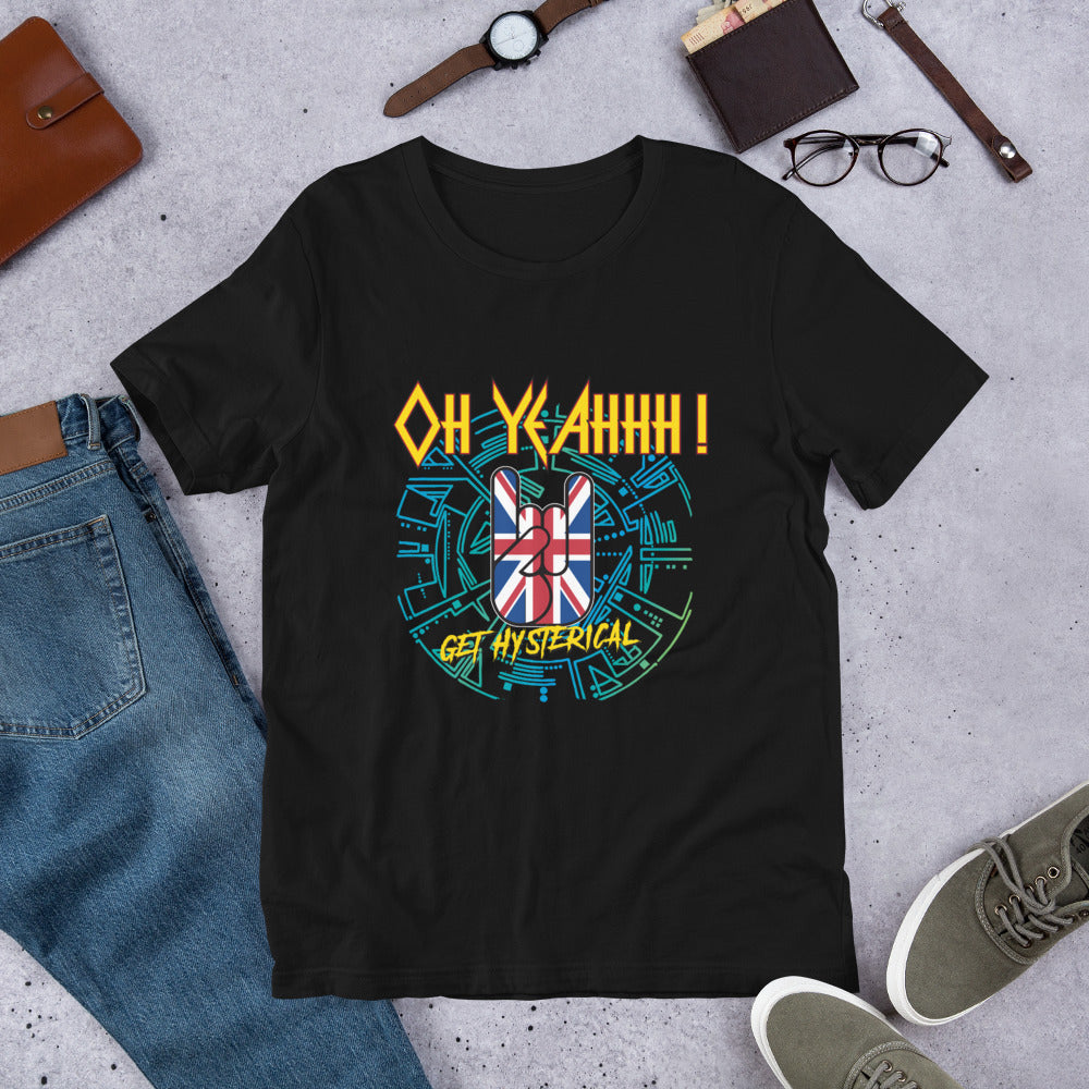 T shirt rock metal hysteria, def leppard fan, oh yeahhh, metal horns, great britain, union jack