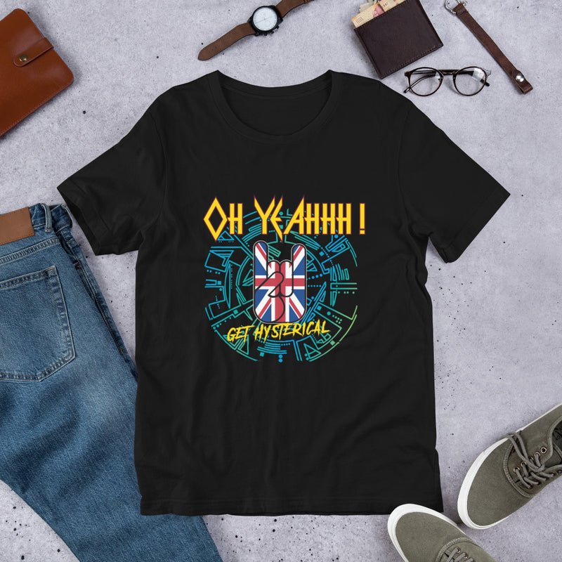 T shirt rock metal hysteria, def leppard fan, oh yeahhh, metal horns, great britain, union jack